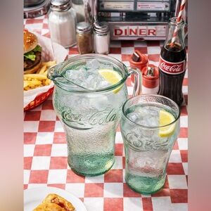 Coca Cola Glass Pitcher & Tumbler Set Green Indiana Glass Textured Coke Embossed